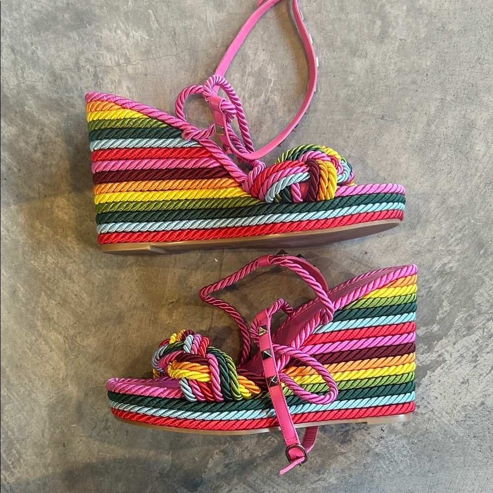 Valentino Pink and Multicolor Rope Wedge Sandals